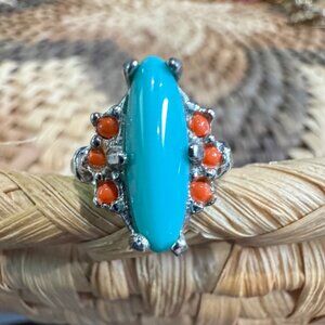 Vintage Silver Ring With Turquoise & Coral Gemstones Size 6 - 18KHGE Marked